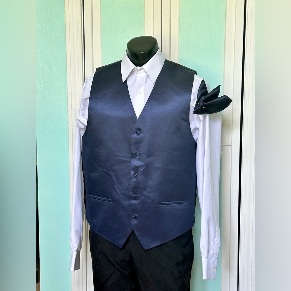Midnight Navy Dark Blue Satin Closed Back Vest Wedding Men’s  L Large Tall Long
